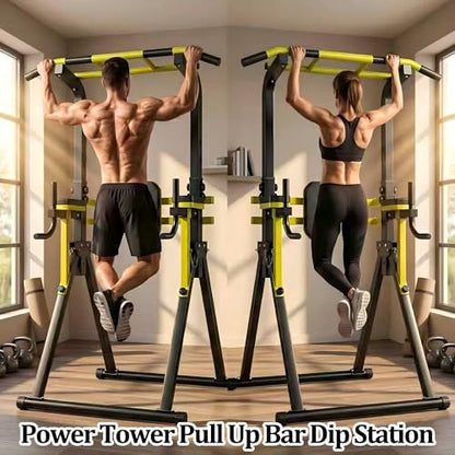 Freestanding Pull Up Bar Station, Foldable Pull Up Tower & Dip Station for Home Gym Workout, Portable| 10-Level Adjustable Height| Heavy Duty Steel| 440 LBS - color: Black+Yellow