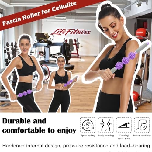 Fascia Muscle Roller, Cellulite Massager for Sore Muscles, Neck, Leg, Back, Pressure Trigger Point Body Deep Tissue Massage Stick Tools, 3 Massage Balls, Purple - color: Purple