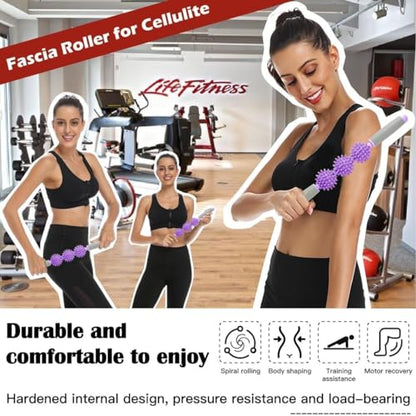 Fascia Muscle Roller, Cellulite Massager for Sore Muscles, Neck, Leg, Back, Pressure Trigger Point Body Deep Tissue Massage Stick Tools, 3 Massage Balls, Purple - color: Purple