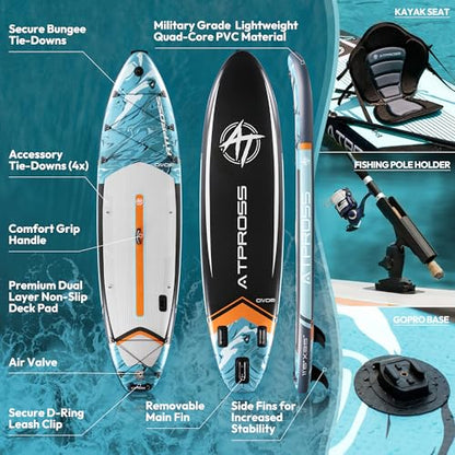 11'6"x35" Inflatable Paddle Board, 450lbs Extra Wide Stand Up Paddleboard for Adults with Premium SUP Accessories Kit & Backpack, Blow Up Kayak Non-Slip Stable Deck Boat for Yoga Fishing Surf - style: blue/ kayak seat