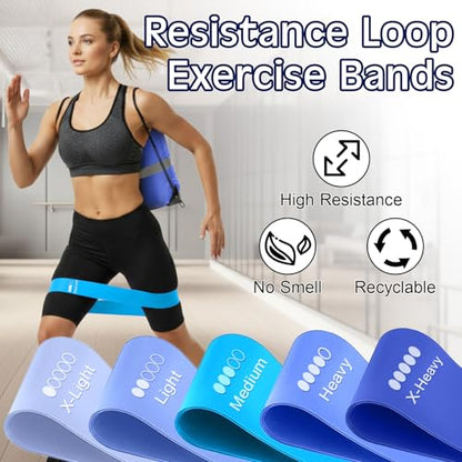 120 Pcs Workout Loop Resistance Bands Bulk, Gym Elastic Bands Set for Fitness Sport Class Students Members Gift Physical, 5 Pieces Each Set, with Large Drawstring Backpack Bags - color: Blue