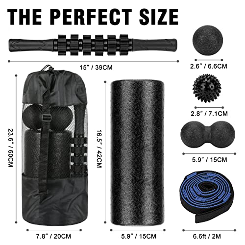 Foam Roller Set - High Density Back Roller, Muscle Roller Stick,2 Foot Fasciitis Ball, Stretching Strap, Peanut Massage Ball for Whole Body Physical Therapy & Exercise, Back Pain, Leg, Deep Tissue
