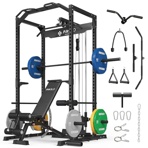 Mikolo F4 2.0 Power Cage with Dual-Track Smooth Pulley System, 1200LBS Power Rack with Leg Hold-Down for Heavy LAT Pulldowns - color: Black, size: F4 2.0 (with Bench＆Bar＆230LB CP）
