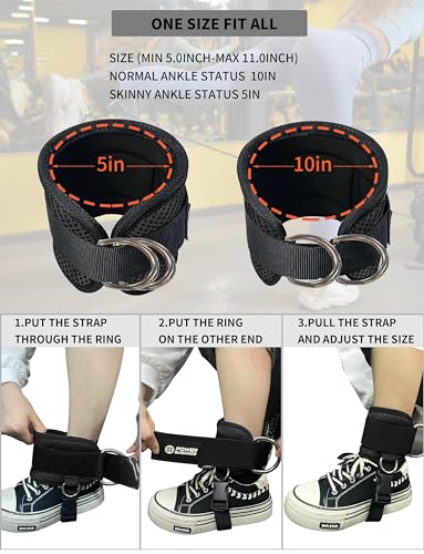 POWER GUIDANCE Ankle Strap for Cable Machine Professional Kickback Ankle Strap for Glute Workouts, Leg Extensions - Adjustable Strap with D-Rings - size: Pair