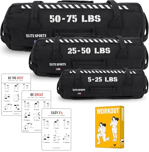 Elite Sports Workout Sandbag for Versatile, Intensive Core Muscles Fitness, Strength Training with Strategic Handle Placement (Unfilled) - color: Black, size: 5 TO 25, 25 TO 50, 50 TO 75 lbs (3 count)
