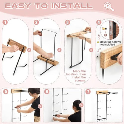 Yoga Mat and Ball Holder Wall Mount, 4-Tier Yoga Mat & Ball Storage Rack, Home Gym Organizer, Black Metal Floating Shelf for Hanging Foam Rollers & Resistance Bands(5 Hooks Style,Wood Color)
