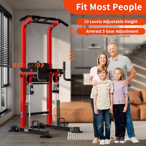 SogesHome Power Tower Pull Up Bar and Dip Station, Multi-Function Free Standing Pull Ups, Adjustable Height Dip Bar Strength Training Workout Equipment, Pull Up Stand Workout for Home Gym Exercise Equipment - color: Red