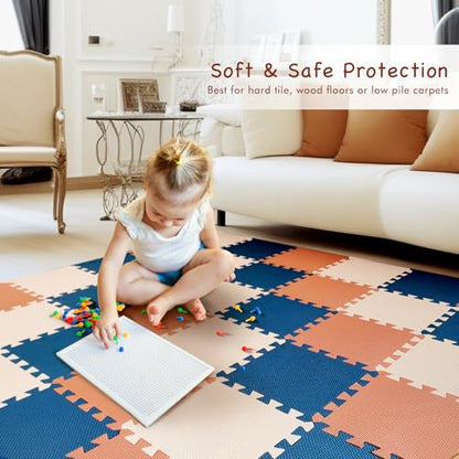 TCBunny Kids Soft EVA Foam Jigsaw Puzzle Play Mat, 36 Interlocking Tiles and Edges Baby Play Mat, for Kids Gym, Nursery, Playroom, Pet Mat, Total Floor Coverage 32 Sq Ft, Blue/Pink/Cream