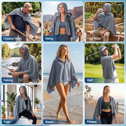 Cooling Hooded Beach Towel Cloak for Men Women - UPF 50+ Sun Proteciton Double Layer PVA Fabric Cool Towel Cape, Instant Cooling Soft Ice Towelfor Beach Yoga Camping (Gray) - color: Gray