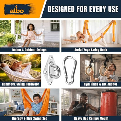 Albo Diamond Plate 2650lbs Swing Hangers 2 PCS - Heavy Duty Ceiling Mount Hooks with Snap Carabiners, 304 Stainless Steel for Wood & Concrete & Metal, Indoor Outdoor Anchor for Hammock, Yoga, TRX - size: Diamond 2pcs Silver