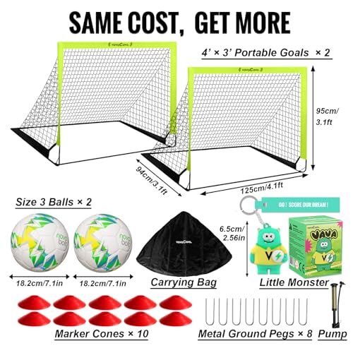 VavaCava 4'x3' Soccer Goal Set, 2 Goals, 2 Balls, Keychain, 10 Cones, Pump, Carry Bag, Portable PopUp Soccer net for Backyard, SGS Certificate