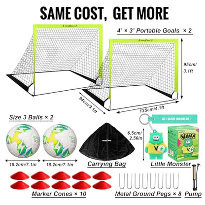 VavaCava 4'x3' Soccer Goal Set, 2 Goals, 2 Balls, Keychain, 10 Cones, Pump, Carry Bag, Portable PopUp Soccer net for Backyard, SGS Certificate
