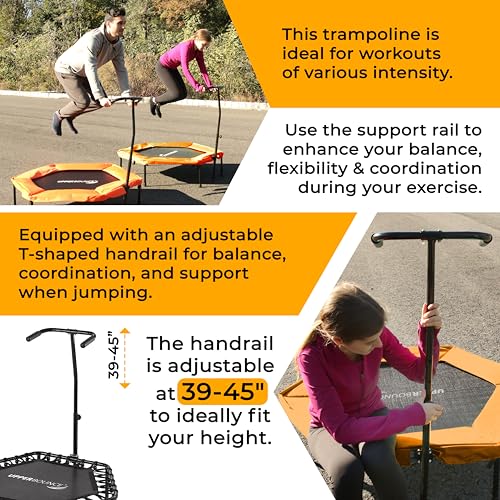 Upper bounce Mini Workout Trampoline Adjustable tshaped handrail – Hexagonal rebounder Kids & Adults – Fitness Trampoline Equipment Supports up 220lbs. (Orange, 50 Inches)