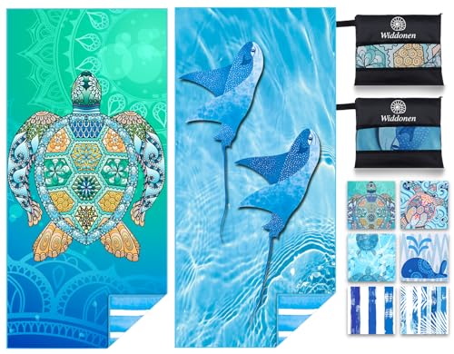 Widdonen Microfiber Beach Towel,Compact 2 Pack-71x32 Inch with Bag Travel - color: 2 Pack Turtle Fly Fish M