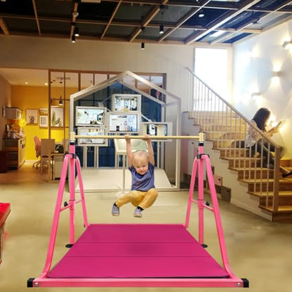 Foldable Gymnastics Kip Bar with Mat and Ring Set,3' to 5' Height Adjustable,Kids Gymnastic Equipment for Ages 3-15,Indoor and Home Training- Max Load 350LBS