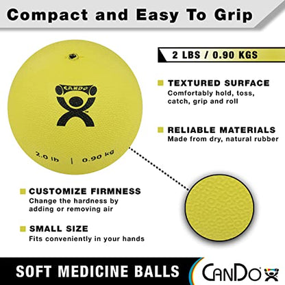 CanDo Soft Medicine Ball 5" Diameter 2lb Yellow Exercise Ball for Physical Therapy and Fitness Exercises, Easy Grip Rubber Weighted Ball for Workouts - size: 2 Pound