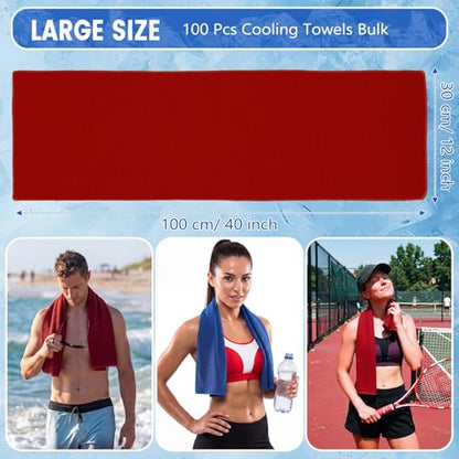 100 Pack Cooling Towels, 40"x12" Cooling Towels for Neck and Face Breathable Soft Chilly Sweat Rag Microfiber Sport Rags for Gym Yoga Golf Running - color: Deep Blue, Red