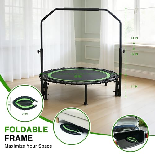 40" Mini Rebounder Trampoline for Adults with Handle, Foldable Mini Trampoline with Bungees, Adjustable Foam Handle, Stable & Quiet, Max Load 440lbs