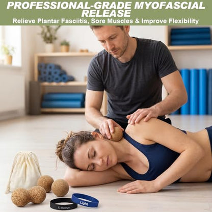 Konohan Cork Massage Balls & Toe Stretching Bands Set Includes 4 Peanut & Round Myofascial Release Balls, 2 Toe Stretching Bands and 1 Storage Bag for Plantar Fascia Relief, Foot Pain Therapy Tools