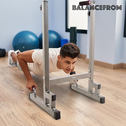BalanceFrom Steel Frame Dip Station with Adjustable Height, 500 Pound Weight Capacity – Upper Body Workout Home Gym Equipment for Triceps, Push & Pull Ups, Leg Raises, and Bench Press - color: Gray