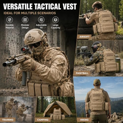 Tactical Vest for Airsoft & Paintball, Adjustable MOLLE Plate Carrier with Patch Panels for Hunting & Outdoor Training - color: Tan