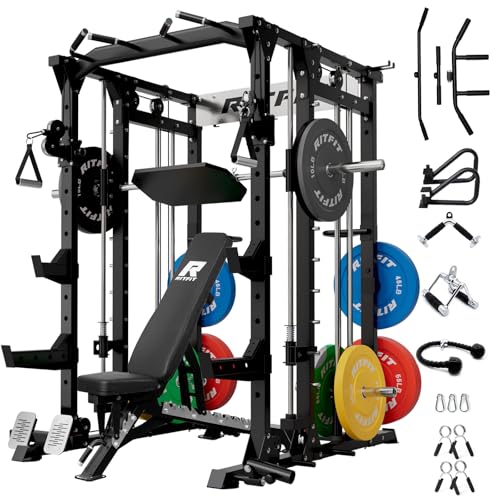 RitFit Buffalo Smith Machine, Power cage with LAT-Pull Down System & Cable Crossover System, All-in-One Squat Rack for Home Gym, Power Rack - color: BLACK, size: Package(With CP370)