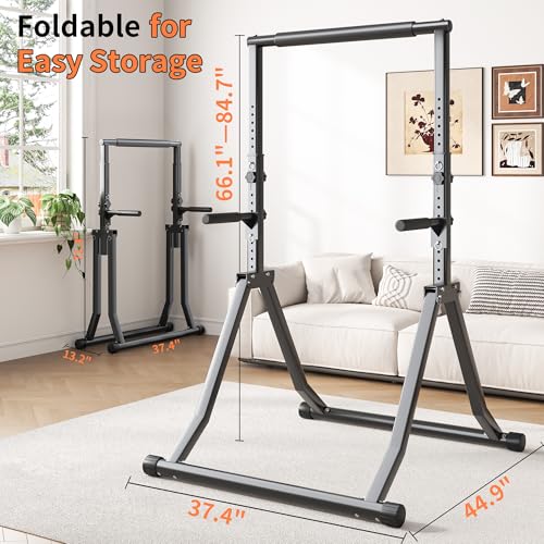 Foldable Power Tower Dip Station for Pull Ups, 66.1"-84.6" 12 Level 700 LBS, Adjustable Dip Handles & Assistance Bands Foldable Home Gym Equipment - color: 66"-85" with Dual Dip Handles & Assistance Bands