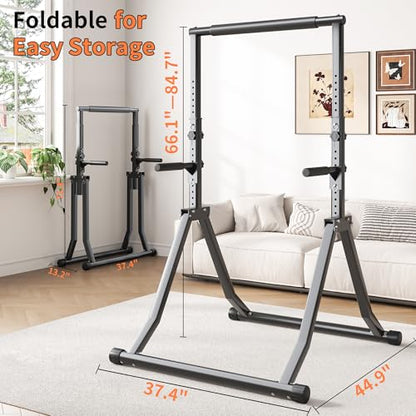 Foldable Power Tower Dip Station for Pull Ups, 66.1"-84.6" 12 Level 700 LBS, Adjustable Dip Handles & Assistance Bands Foldable Home Gym Equipment - color: 66"-85" with Dual Dip Handles & Assistance Bands