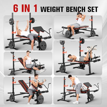 Foldable 1500LBS 8 IN 1 Olympic Weight Bench Set with Squat Rack, Leg Extension/Curl & Preacher Curl, Adjustable Bench Press Set with Safety Bar Catches for Home Gym Full Body Workout