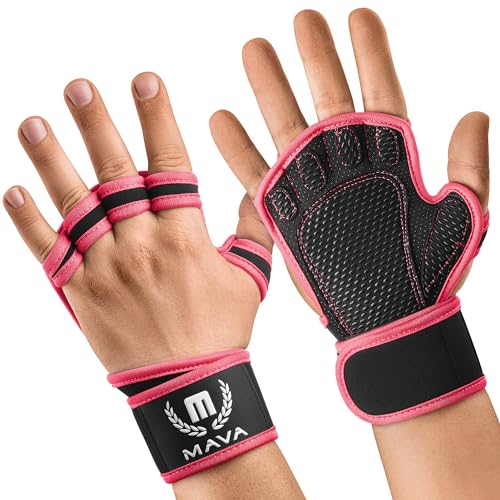 Mava Sports Open Gym Gloves with Integrated Wrist Support – Padded Weight Lifting Gloves for Men & Women – Silicone Grip Fingerless Workout Gloves for Cross Training & Fitness – 1 Pair - color: Pink, size: Medium