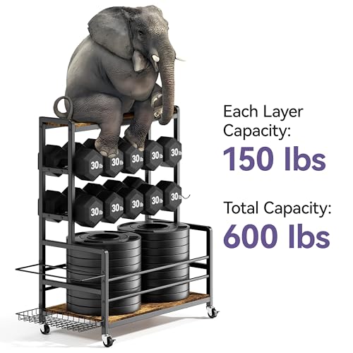 Dumbbell Rack with Wheels, 3-Tier Home Gym Storage Rack, Workout Equipment Organizer with Lockable Casters, Hooks, Side Basket and Wood Shelves