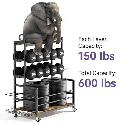 Dumbbell Rack with Wheels, 3-Tier Home Gym Storage Rack, Workout Equipment Organizer with Lockable Casters, Hooks, Side Basket and Wood Shelves