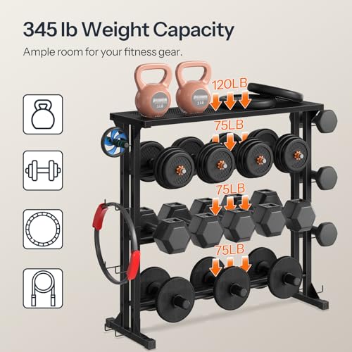 HOOBRO Dumbbell Rack - 4 Tiers Weight Rack for Home Gym, Heavy Duty Weight Storage Racks for Dumbells, Kettlebells, Barbells, Space-Saving Dumbbell Storage Stand Holder with Side Hooks, Black BK87CJ01N1