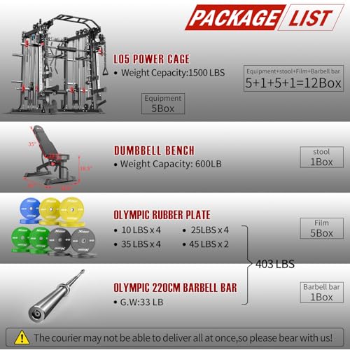 Smith Machine，Multi-Function Squat Rack Power Cage with Cable Crossover System,with Optional Weight Bench, Olympic Barbell Weight Set, for Home Gym