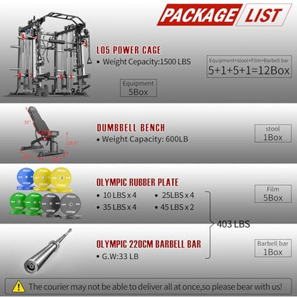 Smith Machine，Multi-Function Squat Rack Power Cage with Cable Crossover System,with Optional Weight Bench, Olympic Barbell Weight Set, for Home Gym