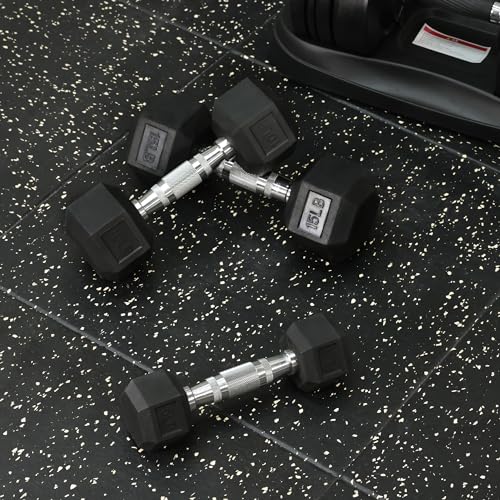 Signature Fitness Rubber Encased Hex Dumbbells with Optional Rack, 10 15 20LB Pairs and 5, 10 and 15 Pairs Weight Sets for Home Gym