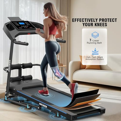 Foldable Treadmill with Sit Up Bench, 2025 Upgrade 3.5HP Portable Treadmills for Home with Incline 350 lbs Capacity, Smart LCD Display Body Fat& Heart Rate, Multifunction Exercise Equipment