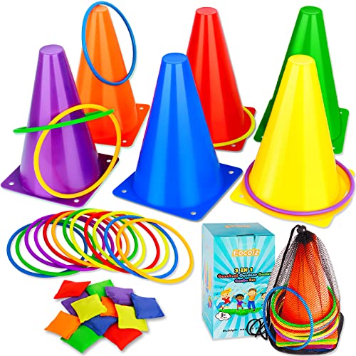 3 in 1 Carnival Games Set, Soft Plastic Cones Bean Bags Ring Toss Games for Kids Birthday Party Outdoor Games Supplies Combo Set