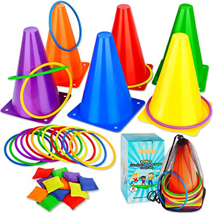 3 in 1 Carnival Games Set, Soft Plastic Cones Bean Bags Ring Toss Games for Kids Birthday Party Outdoor Games Supplies Combo Set