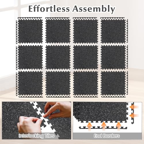 24 Tiles Exercise Mat, 96 Sq.Ft Interlocking Foam Floor Mat with Rubber Top, Non-Slip Waterproof Puzzle Gym Mat for Home Workout Equipment & Garage, 0.79" Thick (Black)