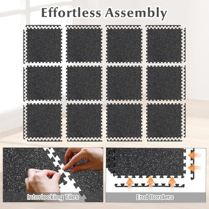 24 Tiles Exercise Mat, 96 Sq.Ft Interlocking Foam Floor Mat with Rubber Top, Non-Slip Waterproof Puzzle Gym Mat for Home Workout Equipment & Garage, 0.79" Thick (Black)