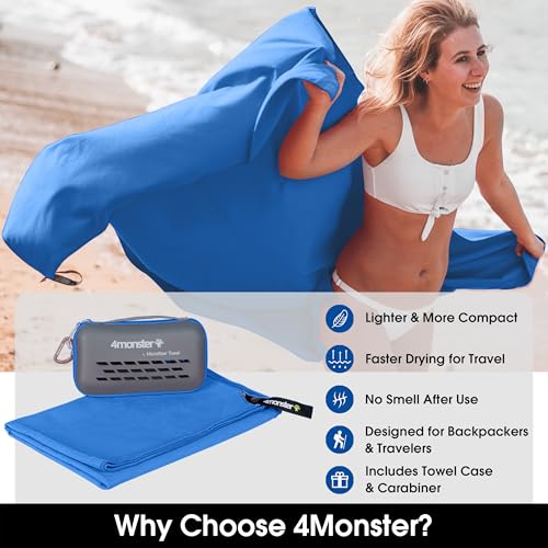 4Monster Quick Dry Travel Towel with Case & Carabiner – Super Absorbent Microfiber Gym & Camping Towel. Compact, Lightweight, Fast Drying for Beach, Swimming, Hiking, Backpacking