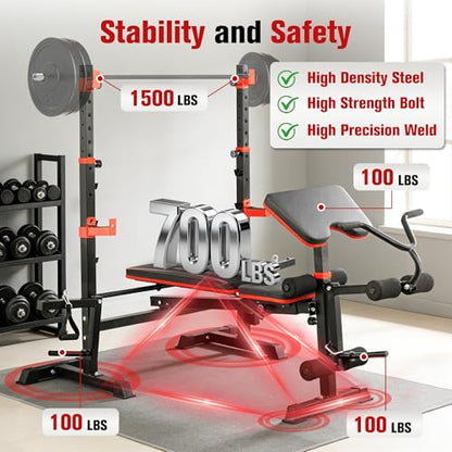 MAIDOMA 8 IN 1 Standard Weight Bench Set with Leg Extension and Leg Curl, Fast Folding & Adjustable Workout Bench for Home Gym,Adjustable Bench Press with Squat Rack.（US Stock） - color: rust red
