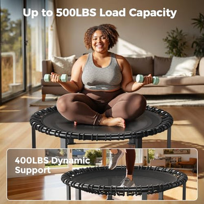 BCAN BT4 38/40/48" Soft Land Pro Adult Bungee Rebounder Trampoline, 500lb Capacity, Adjustable Tension Bungees, One-Piece Frame, Quiet Indoor Cardio w/Handle,Phone Holder & 2 Pairs Socks| FED Fitness