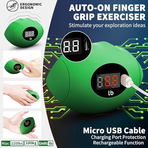 Hand Grip Strengthener, Rechargeable Digital Grip Strength Trainer with LCD Display Up to 220lbs/100kg, Silicone Hand Exercise Ball for Forearm Finger Training & Stress Relief, for Adults and Kids - color: Black&Green