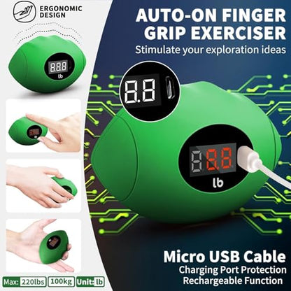 Hand Grip Strengthener, Rechargeable Digital Grip Strength Trainer with LCD Display Up to 220lbs/100kg, Silicone Hand Exercise Ball for Forearm Finger Training & Stress Relief, for Adults and Kids - color: Black&Green