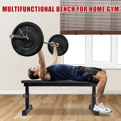 Flat Weight Bench, Utility Workout Adjustable Height Weight Bench Press with Thick Cushion & Anti-slip Foot Pads, Compact Strength Training for Exercise & Fitness, Home/Gym Easy Assembly