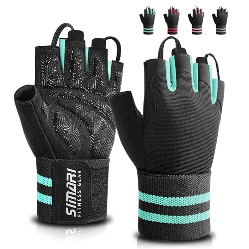 SIMARI Workout Gym Gloves for Men Women, Weight Lifting Gloves with Wrist Wrap Support, SBR Pad Grip for Full Palm Protection, for Exercise, Fitness, Dumbbells, Barbell, Climbing, Fingerless - color: Cyan, size: Medium