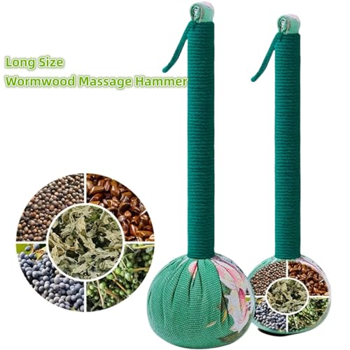 2PCS Long Size Lymphatic Drainage Herbal Massage Hammer,Manual Massage Hammer for Body, Back Massage Hammer Taichi,Wormwood Massage Hammer Sticks Muscle Relaxation 2PCS (Red/Green)