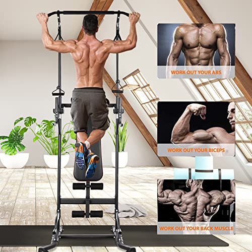 Power Tower with Bench, Pull Up Bar Dip Station, Power Tower Dip Station, Training Workout Equipment, Height Adjustable Pull Up Tower w/Folding Bench 4 Ropes, Strength Training, Home Gym